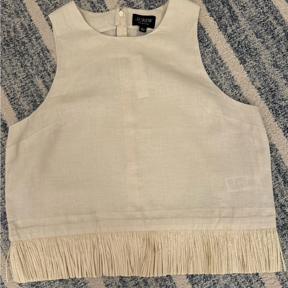 NWT J Crew Collection sleeveless cream linen top with raffia fringe sz lg - Picture 1 of 7